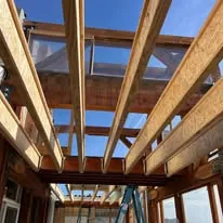 Ceiling joists and roof framing exposed during a remodel